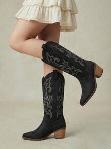 Styleloop Women's Shoes Embroidered Coarse High Heel Western Boots Casual - Black A - View 5