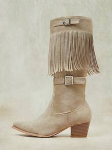 Styleloop Botas altas occidentales con borlas para mujer - Caqui - Ver 9