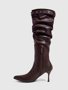 CUCCOO SZL Women's Coffee Brown Pointed Toe Stiletto High Heel Buckle Ruched Knee-High Boots For Nightclub Party Gathering - Coffee Brown - View 4