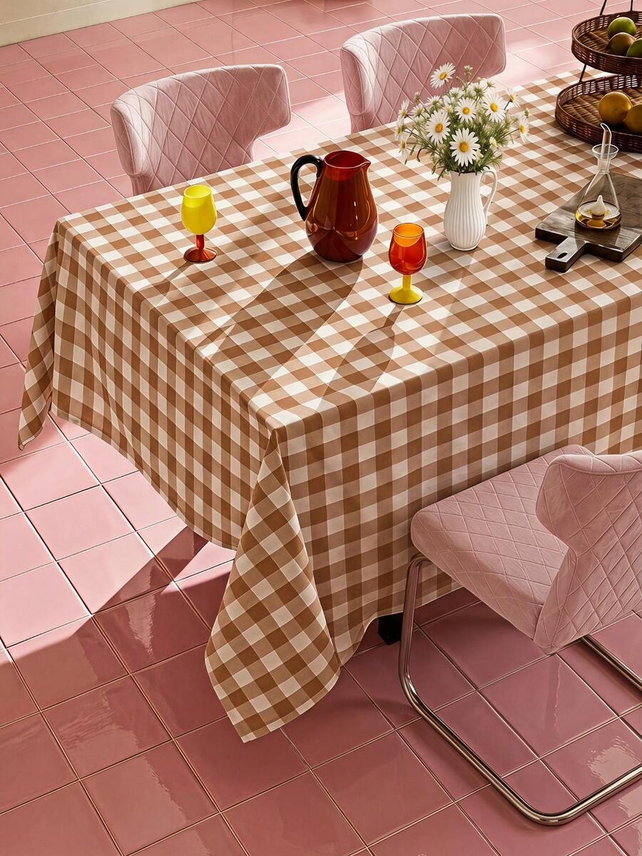 Joivida Light Brown Khaki Check Tablecloth, Made Of Suede Fabric, Easy To Clean, Suitable For Kitchen And Dining Room Decoration, Suitable For Holiday Parties, Picnics And Home Decoration, Daily Decorative Items, Durable Fabric - Light brown khaki small square - View 1