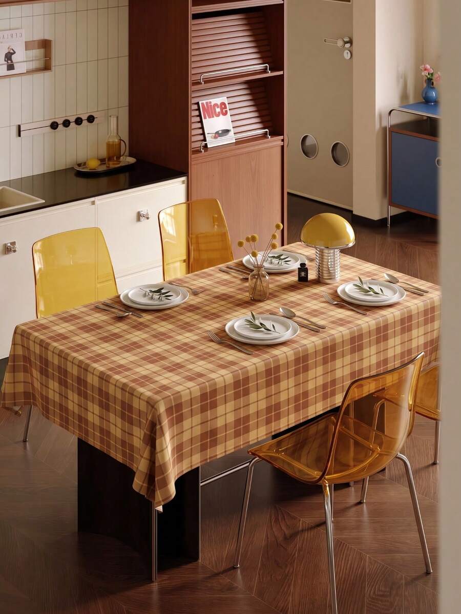 Joivida A Warm Yellow And Red-Brown Checked Tablecloth, Made Of Velvet, Is Easy To Clean And Suitable For Kitchens, Dining Rooms, Holiday Parties, Picnics And Daily Decorations. The Fabric Is Sturdy And Durable, And Can Be Used As Party Tableware. - Warm yellow background red brown grid - View 1
