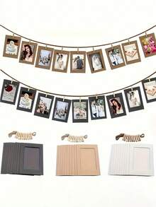 21pcs/Set Of Retro Kraft Paper Photo Frames, Flag And Banner Home Decorations With Thread Clips, With Clips And Hemp Rope, Suitable For Weddings, Anniversaries, Birthdays, Festival Parties, Home Decoration (10 Photo Frames +10 Clips +1 Hemp Rope) - Multicolor - View 1