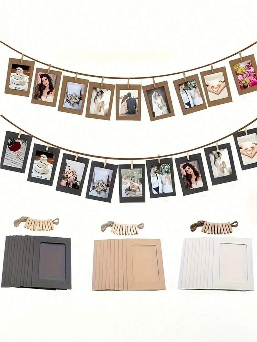21pcs/Set Of Retro Kraft Paper Photo Frames, Flag And Banner Home Decorations With Thread Clips, With Clips And Hemp Rope, Suitable For Weddings, Anniversaries, Birthdays, Festival Parties, Home Decoration (10 Photo Frames +10 Clips +1 Hemp Rope) - Multicolor - View 1