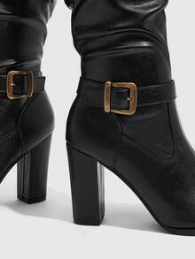 CUCCOO SZL Vintage Black Metal Buckle Women's Autumn/Winter Commute Soft Faux Leather Round Toe Chunky Heel Tall Boots - Black - View 5