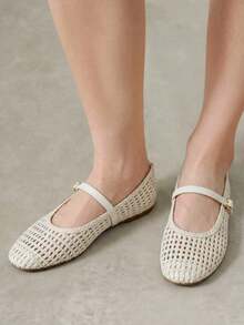 Styleloop Women's Fashion Square Toe Hollow Knitting Suitable For Daily Leisure Commuting Buckle Flat Shoes - Off-white - View 8