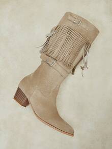 Styleloop Botas altas occidentales con borlas para mujer - Caqui - Ver 10