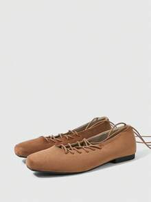 Sleekvia French Literary Cross-Lace-Up Flats, Caramel Brown Suede Ankle Straps, Ballet Commuter Women's Shoes - Brown - View 2
