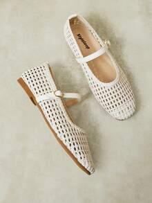 Styleloop Women's Fashion Square Toe Hollow Knitting Suitable For Daily Leisure Commuting Buckle Flat Shoes - Off-white - View 10