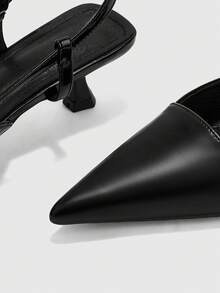 CUCCOO BIZCHIC Women's Black Pointed Back Strap Kitten Heel Shoes Splicing Decoration Low Vamp Commuting Simple Elegant High Heel Shoes - Black - View 6