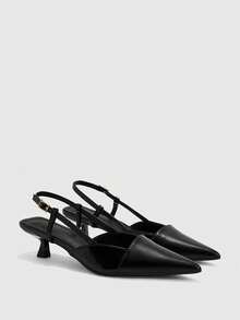 CUCCOO BIZCHIC Women's Black Pointed Back Strap Kitten Heel Shoes Splicing Decoration Low Vamp Commuting Simple Elegant High Heel Shoes - Black - View 2