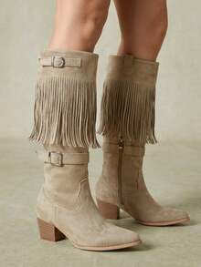 Styleloop Botas altas occidentales con borlas para mujer - Caqui - Ver 1