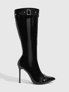 CUCCOO SZL Women's Fashion Pointed Button Boots Slim Heel Zipper Style Classic Black Party Women's Boots Suitable For Spring Break Easter Christmas Spring Shoes - Pure black - View 6