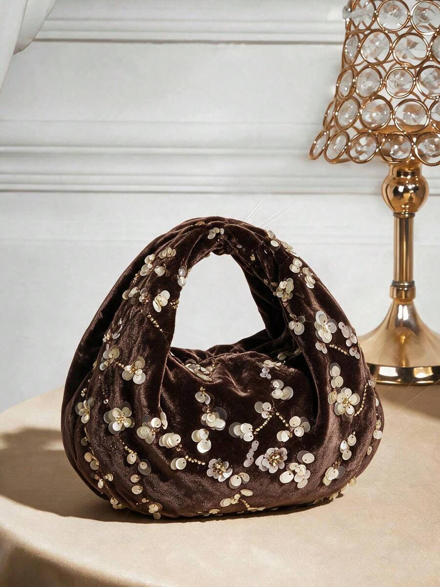 SHECARRY Ladies Fashionable Elegant Simple Heavy Industry Vintage Dark Coffee Velvet Embroidered Bead Sequins Handbag, Party Festive Banquet Date - Brown beads - View 1
