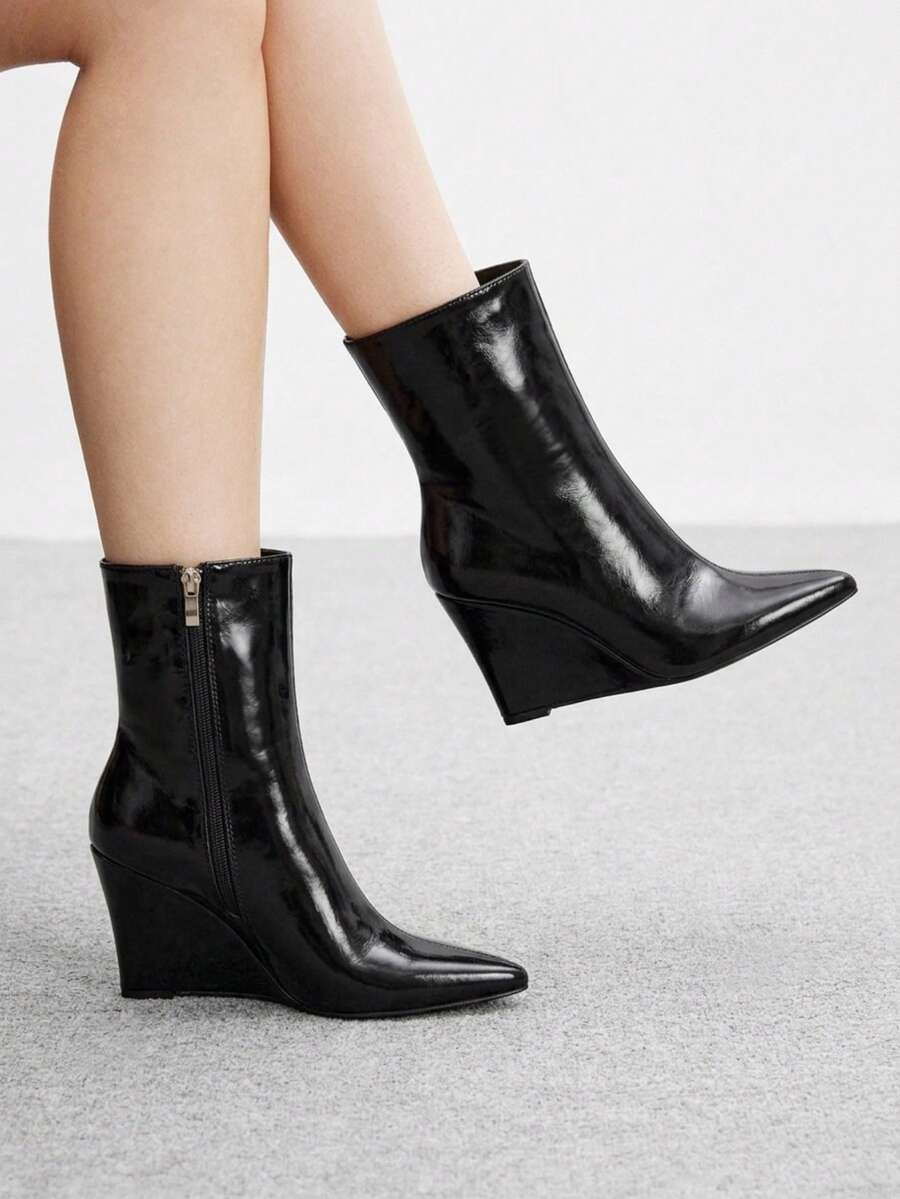 CUCCOO BIZCHIC Pointed Wedge Heel Bright Leather Black Slim Short Fashion Women's Boots - Black - View 1