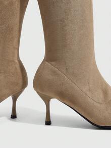 CUCCOO SZL Vintage Maillard Style Women's Autumn And Winter Commuter Dating Solid Color Pointed Tip Thin Heel High Elastic Fashion Boots Winter Boots - khaki velvet - View 5
