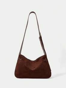 SHECARRY Women's Fashion Retro Brown Imitation Suede Shoulder Bag, Exquisite Hardware Strap Decoration, For Daily, Commuting, Shopping, Travel - Dark coffee - View 3