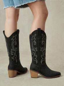 Styleloop Women's Shoes Embroidered Coarse High Heel Western Boots Casual - Black A - View 7