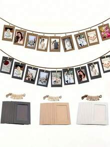 21pcs/Set Of Retro Kraft Paper Photo Frames, Flag And Banner Home Decorations With Thread Clips, With Clips And Hemp Rope, Suitable For Weddings, Anniversaries, Birthdays, Festival Parties, Home Decoration (10 Photo Frames +10 Clips +1 Hemp Rope) - Multicolor - View 2