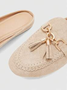 CUCCOO BIZCHIC Giày loafer nữ gót thấp đế bằng, khóa kim loại, ren tua rua, phong cách retro casual màu kaki, đi làm văn phòng và đi bộ hàng ngày - Màu Khaki - Xem 3