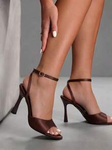 CUCCOO SZL Women's New 9CM Pointed Toe Peep Toe Brown Easy-To-Wear Ankle Strap Stiletto High Heel Sandals - brown fabric - View 2