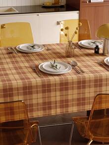 Joivida A Warm Yellow And Red-Brown Checked Tablecloth, Made Of Velvet, Is Easy To Clean And Suitable For Kitchens, Dining Rooms, Holiday Parties, Picnics And Daily Decorations. The Fabric Is Sturdy And Durable, And Can Be Used As Party Tableware. - Warm yellow background red brown grid - View 3