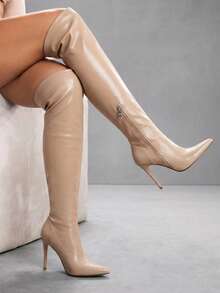 CUCCOO SZL Fashion Pointed Toe Thigh High Boots For Women, Slim Heel, Zipper Design, Party Classic Black Boots For Spring Break Easter For Christmas Spring Shoes - Dusty Pink - View 2