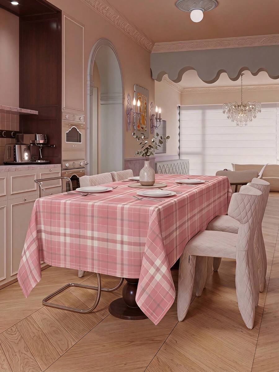 Joivida A Two-Color Pink Checkered Tablecloth, Made Of Velvet, Easy To Clean, Suitable For Kitchen, Dining Room Decoration, Holiday Parties, Picnics And Daily Ornaments. The Fabric Is Sturdy And Durable, Making It Suitable As Party Tableware. - Bean paste powder plaid - View 1