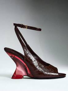 SHEIN SHUZIA Women's Dark Brown Peep Toe Slingback High Heels, Textured Faux Leather Ankle Strap Sandals With Gradient Flared Heel - Coffee Brown - View 4