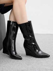 CUCCOO BIZCHIC Pointed Wedge Heel Bright Leather Black Slim Short Fashion Women's Boots - Black - View 4