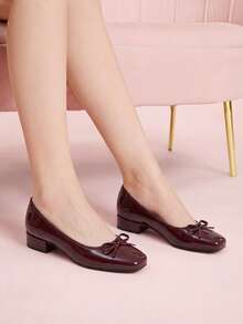CUCCOO DOLLMOD Women's New Square Toe Bow Low Vamp Short Heel Thick Heel Shoes Women - Burgundy patent leather - View 3