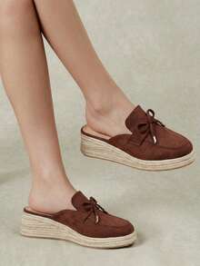 Styleloop Ladies Autumn Coffee Brown Suede Metal Rope Head Bow Fisherman Shoes, Round Toe Whipped Heel Straw Thick Bottom Wear Mules Slippers - Coffee Brown - View 4
