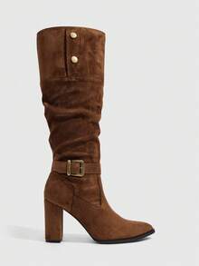 CUCCOO SZL Women's Coffee Brown Vintage Maillard Style Metal Buckle Round Toe Chunky Heel Ruched Straight Shaft Tall Boots For Commuting - Coffee Brown 1 - View 7
