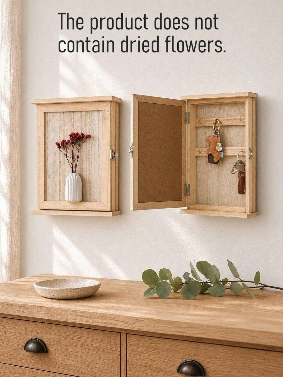 Haus Hana 1PC Rustic Wooden Wall Mounted Key Holder Cabinet With Dried Flower Vase Decor, Farmhouse Hidden Key Storage Organizer With 5 Hooks, Decorative Wood Key Box For Entryway Living Room Hallway Home Decor Housewarming Gift - View 1