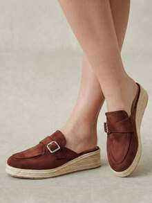 Styleloop Ladies Autumn Coffee Brown Suede Metal Square Buckle Closed Toe, Round Toe Slope Heel Straw Thick Bottom Wear Mule Slippers - Coffee Brown - View 6