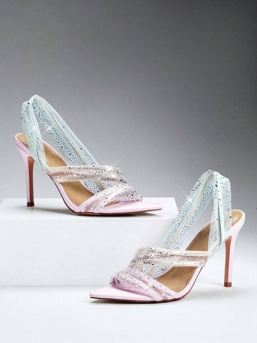 SHEIN SHUZIA Women's Multi Pastel Rhinestone Mesh Open Toe Stiletto High Heel Slingback Sandals, Chic Elegant Party Dress Shoes - Multicolor - View 1