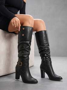 CUCCOO SZL Vintage Black Metal Buckle Women's Autumn/Winter Commute Soft Faux Leather Round Toe Chunky Heel Tall Boots - Black - View 2