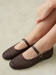 Styleloop Women's Fashion Square Toe Hollow Knitting Suitable For Daily Leisure Commuting Buckle Flat Shoes - Brown - View 2