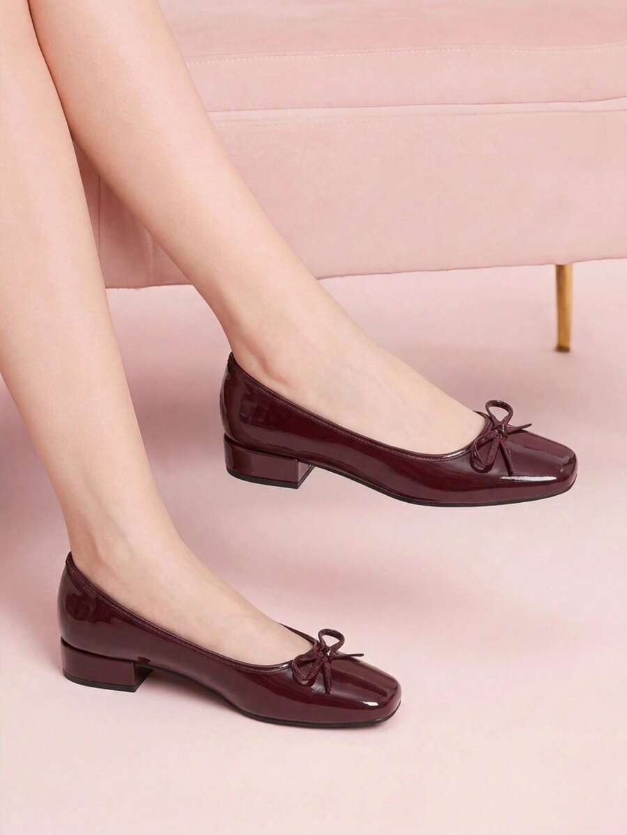 CUCCOO DOLLMOD Women's New Square Toe Bow Low Vamp Short Heel Thick Heel Shoes Women - Burgundy patent leather - View 1