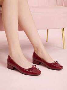 CUCCOO DOLLMOD Women's New Square Toe Bow Low Vamp Short Heel Thick Heel Shoes Women - Red patent leather - View 6
