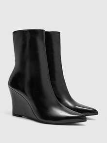 CUCCOO BIZCHIC Pointed Wedge Heel Bright Leather Black Slim Short Fashion Women's Boots - Black - View 6