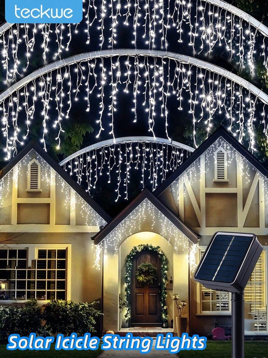 Teckwe Solar Ice Waterfall Light String, 228 Pcs LED Icicle String Light, Outdoor IP44 Halloween Light Strip, 8 Lighting Modes Christmas Lights, Perfect For Christmas, And Thanksgiving Decorations, Patio, Garden, Party, Wedding - Cool White-8 lighting modes - View 1