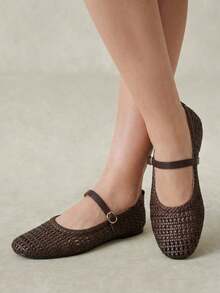 Styleloop Women's Fashion Square Toe Hollow Knitting Suitable For Daily Leisure Commuting Buckle Flat Shoes - Brown - View 4