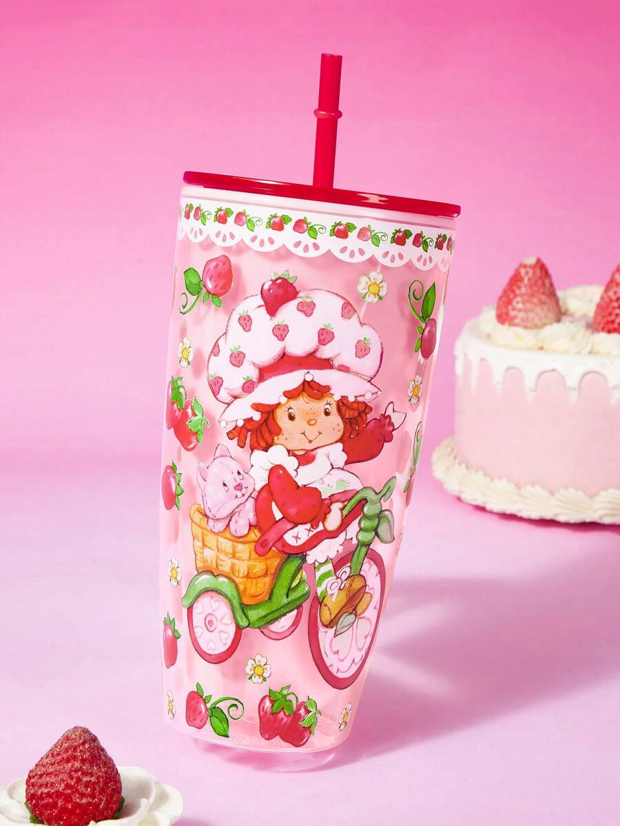 Strawberry Shortcake X SHEIN 24 Oz / 700 Ml 雷射酷感平底杯,附心形閃亮裝飾 - 彩色 - 查看 1