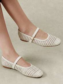 Styleloop Women's Fashion Square Toe Hollow Knitting Suitable For Daily Leisure Commuting Buckle Flat Shoes - Off-white - View 2