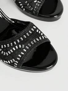CUCCOO LuxiPop Sepatu Wanita Berkilau Gaya Pesta Sepatu Anak Perempuan yang Indah untuk Pesta Pernikahan Musim Panas Sandal Dekoratif Berhiaskan Berlian Imitasi - Hitam - View 7