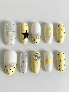 ROMWE Anime Kuku Palsu Motif Polkadot Macaron Warna Krem Kuning & Biru Mint, Kuku Palsu Almond Motif Pita Rhinestone untuk Gadis Manis, dan Patch Kuku Palsu Motif Polkadot Retro Warna Kontras - kuning putih - View 1