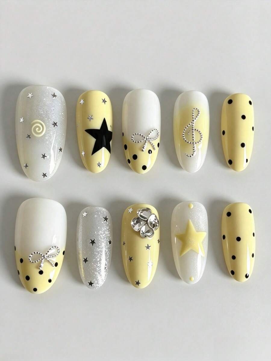 ROMWE Anime Kuku Palsu Motif Polkadot Macaron Warna Krem Kuning & Biru Mint, Kuku Palsu Almond Motif Pita Rhinestone untuk Gadis Manis, dan Patch Kuku Palsu Motif Polkadot Retro Warna Kontras - kuning putih - View 1