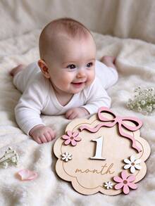 A Set Of 1-12 Month Old Baby Wooden Flower Growth Milestone Photography Props, Commemorative Photo Props, Double-Sided Mileage Tag Pendant Type Baby M - Pink bow - View 9