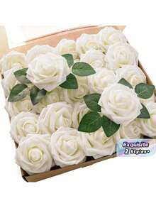 50/25/5 Pieces Pack White Artificial Roses With Stems And 6 Corner Leaves, Realistic Fake Roses, DIY Wedding Bouquets, Bridal, Tabletop And Home Decor, Elegant Floral Arrangements, No Vase Needed - White - View 1