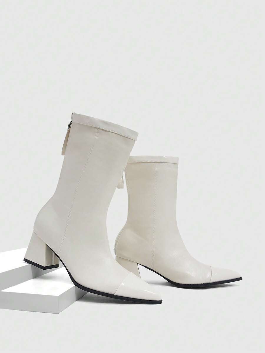 Daringsoles 秋冬米白色尖頭粗跟後拉鍊拼接漆皮細高跟中筒女靴 - 米白色 - 查看 1
